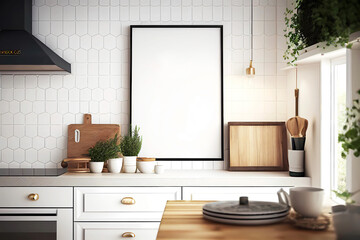 Kitchen in scandinavian style with blank frame mockup. Generative ai.