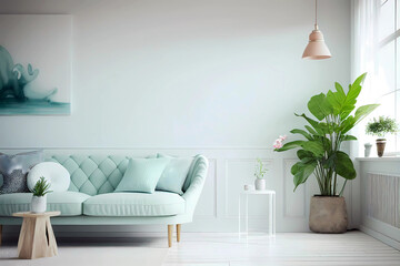Modern living room with mint green sofa and free copy space wall. Generative ai