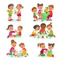 Children playing together. Kids group and pair activities. Boys and girls with different toys. Nursery fun. Table games. Cute little friends. Kindergarten leisure. Splendid vector set