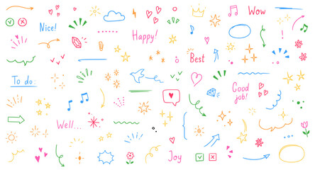 Doodle cute glitter pen line color elements. Doodle heart, arrow, star, sparkle decoration symbol set icon. Simple sketch line style emphasis, attention, pattern elements. Vector illustration