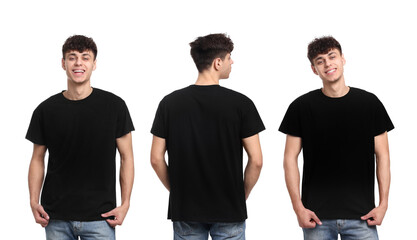 Collage with photos of man in black t-shirt on white background, back and front views. Mockup for...