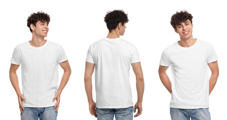 Fototapeta Collage with photos of man in stylish t-shirt on white background, back and front views. Mockup for design obraz