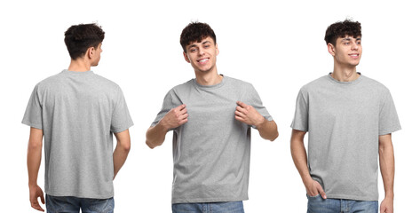 Collage with photos of man in grey t-shirt on white background, back and front views. Mockup for...