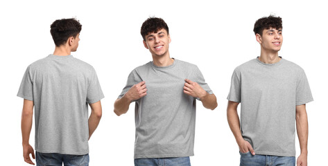 Collage with photos of man in grey t-shirt on white background, back and front views. Mockup for design