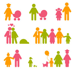 Colored family icons. Social life signs. Partnership and childhood. Couple romantic relationships. Motherhood and love. Parents with children. Vector parenthood silhouette pictograms set