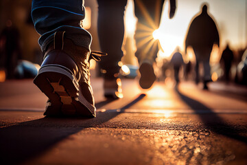 Feet of passers-by in the city illuminated by the setting sun. AI Generated