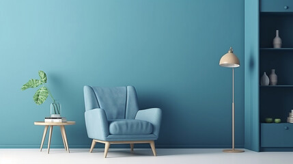living room interior with blue fabric armchair and lamp.