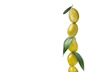 Stack of whole green olives with leaves on white background
