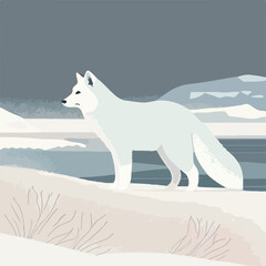 Arctic fox in snowy tundra. Arctic animals in natural habitat. Flat vector illustration concept. Generative AI