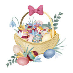 Digital illustration of colorful Easter eggs and spring greens inside and outside of the wicker basket, side view. Stylized decorative symbol of Easter. Hand-drawn clipart in a watercolor style