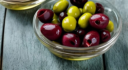 Freshly harvested olives berries in wood bowls and pressed oil in glass bottles. Generative AI