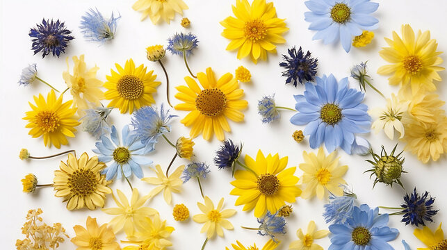 yellow and blue dehlia flowers on white background. Generative AI image