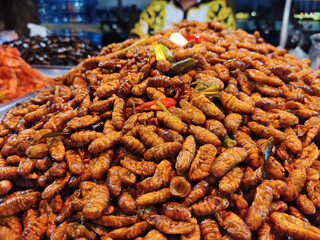 roasted spicy silkworm pupae seasoned with chilli - 593481814