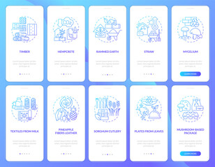 Bio based materials blue gradient onboarding mobile app screen set. Walkthrough 5 steps graphic instructions with linear concepts. UI, UX, GUI template. Myriad Pro-Bold, Regular fonts used