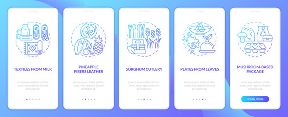 Renewable materials blue gradient onboarding mobile app screen. Walkthrough 5 steps graphic instructions with linear concepts. UI, UX, GUI template. Myriad Pro-Bold, Regular fonts used