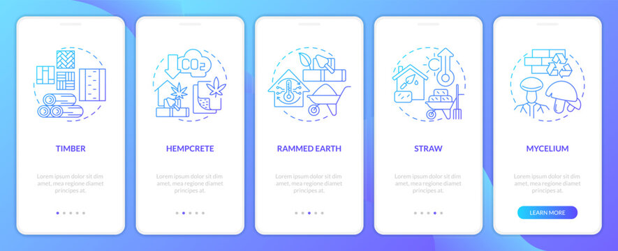 Bio based construction blue gradient onboarding mobile app screen. Walkthrough 5 steps graphic instructions with linear concepts. UI, UX, GUI template. Myriad Pro-Bold, Regular fonts used