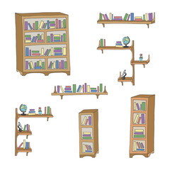 Vector illustration. Set of bookcases and bookshelves with books and other objects. Hand drawn set