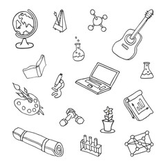 vector illustration. Set of activity objects: guitar, dumbbells, yoga mat, metronome, notebook, microscope, globe, brush, molecule, laptop. Hand drawn black and white sketch