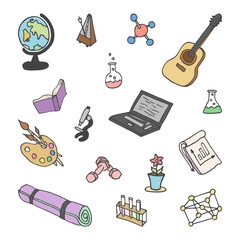 vector illustration. Set of activity objects: guitar, dumbbells, yoga mat, metronome, notebook, microscope, globe, brush, molecule, laptop. Hand drawn sketch in color