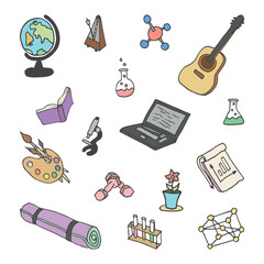 vector illustration. Set of activity objects: guitar, dumbbells, yoga mat, metronome, notebook, microscope, globe, brush, molecule, laptop. Hand drawn sketch in color