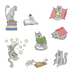 vector illustration of set with funny cats. Hand drawn cute cats