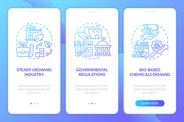 Biobased materials future blue gradient onboarding mobile app screen. Walkthrough 3 steps graphic instructions with linear concepts. UI, UX, GUI template. Myriad Pro-Bold, Regular fonts used