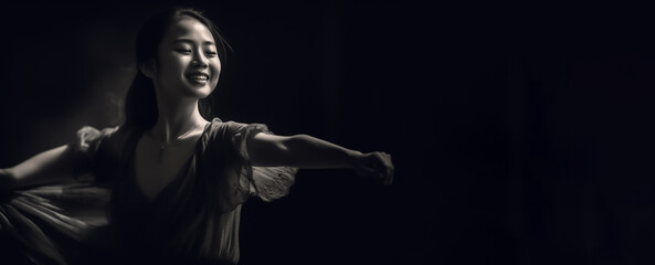Fototapeta na wymiar Japanese girl dancing with passion and grace, accompanied, showcasing her impressive talent and skill as a dancer on banner black background. generative AI
