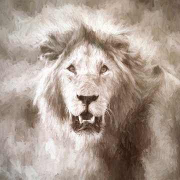 Digital painting of a young adult male lion, panthera leo, in the Masai Mara, Kenya. Sepia tones.