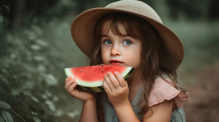 little girl with hat tasting ripe watermelon in a green garden surrounded by trees in summer. Illustration. Generative AI
