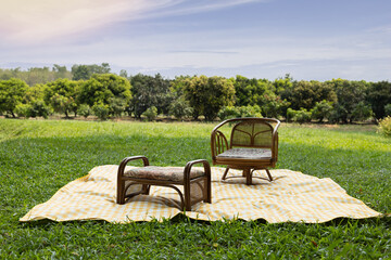 rattan furniture on green lawn