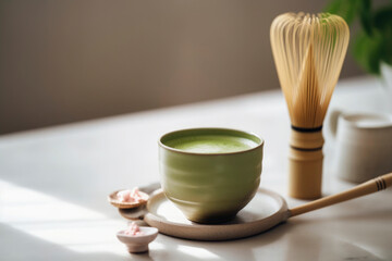 Obraz na płótnie Canvas creamy Matcha tea latte in a ceramic mug and bamboo whisk. simplicity and elegance of the traditional tea ceremony, Illustration, Generative AI
