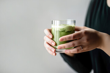 woman in black clothes holds in her hands A creamy Matcha tea latte drink in a glass, in a relaxed setting on white background. Illustration, Generative AI