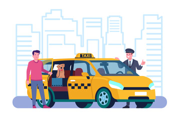 Happy man called yellow cab with pet seat. Dog owner traveling by taxi. Car driver and passenger. City transportation. Puppy in vehicle. Happy person ordering automobile. Vector concept