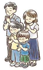 合掌する夏服の4人家族の手描きイラスト　お盆　お墓参り