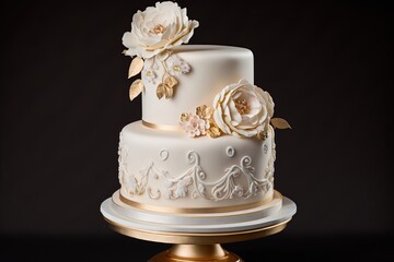 White wedding cake on a gold stand decorated with flowers on a black background. Generative AI