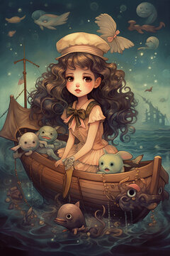 The Little Sailor Girl on a Magical Journey in a Colorful Comic Style Digital Painting