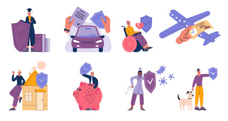 Insurance scenes. People insure health, property and real estate. Money investment in risks. Finance guarantees. Graduate and medicine assurance. Life spheres protection vector set