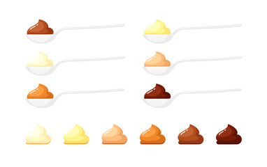 White spoons with yogurt, ice cream, cheese sauce, butter, caramel, milk and dark chocolate. Vector flat icons of mayonnaise, sour, peanut and ghee butter, custard, banana, apple puree. Side view