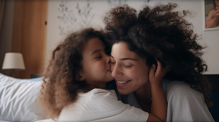closeup of young beautiful mother and child kissing in bed, motherhood concept