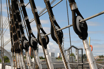 Close Up of Ratlines and Rigging on Old Sailing Ship 