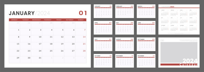 2024 - 2025 Calendar Planner Template. Vector layout of a wall or desk simple calendar with week start monday. Set of monthly, annual and cover page calendar in minimalist corporate design for print.