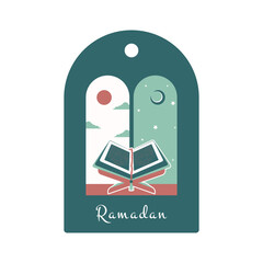 Ramadan Kareem. Islamic gift tag with Koran and rosary. Vector holiday illustration in green colors.