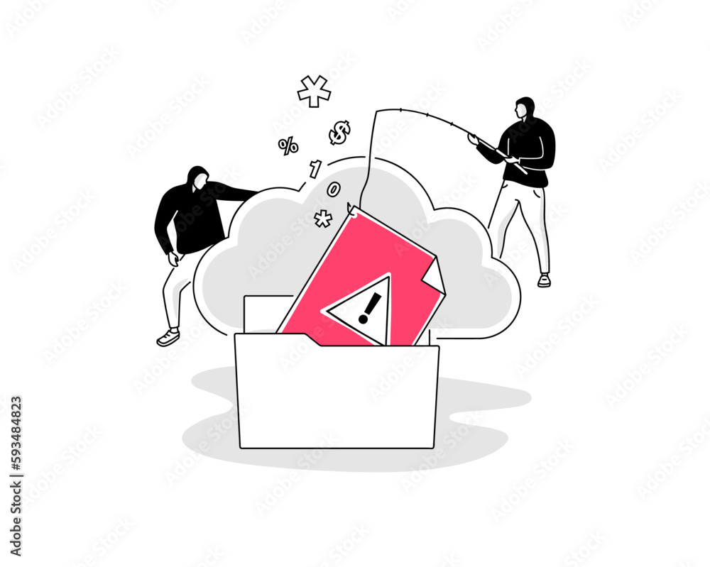 Leinwandbilder Illustration of a data breach symbol with two hackers stealing confidential data from a secured system.
