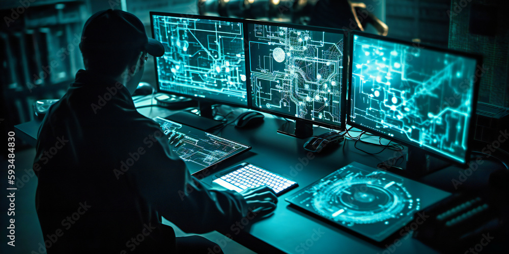 Poster people using a laptop with data visualizations