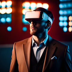 Young man wearing VR headset. Generative ai