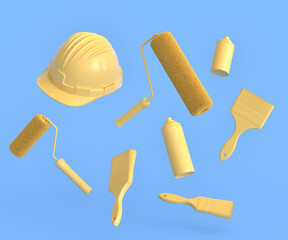 Set of flying safety helmet, spray with paint rollers and brushes on monochrome