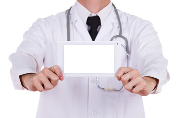 close-up doctor showing tablet computer blank screen on transparent background png file