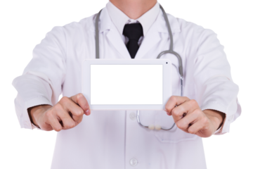 close-up doctor showing tablet computer blank screen on transparent background png file