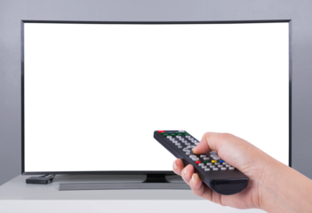 Hand holding TV remote control with LED TV and on transparent screen