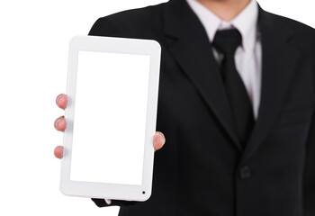 Businessman holding a small tablet touch computer on transparent background png file
